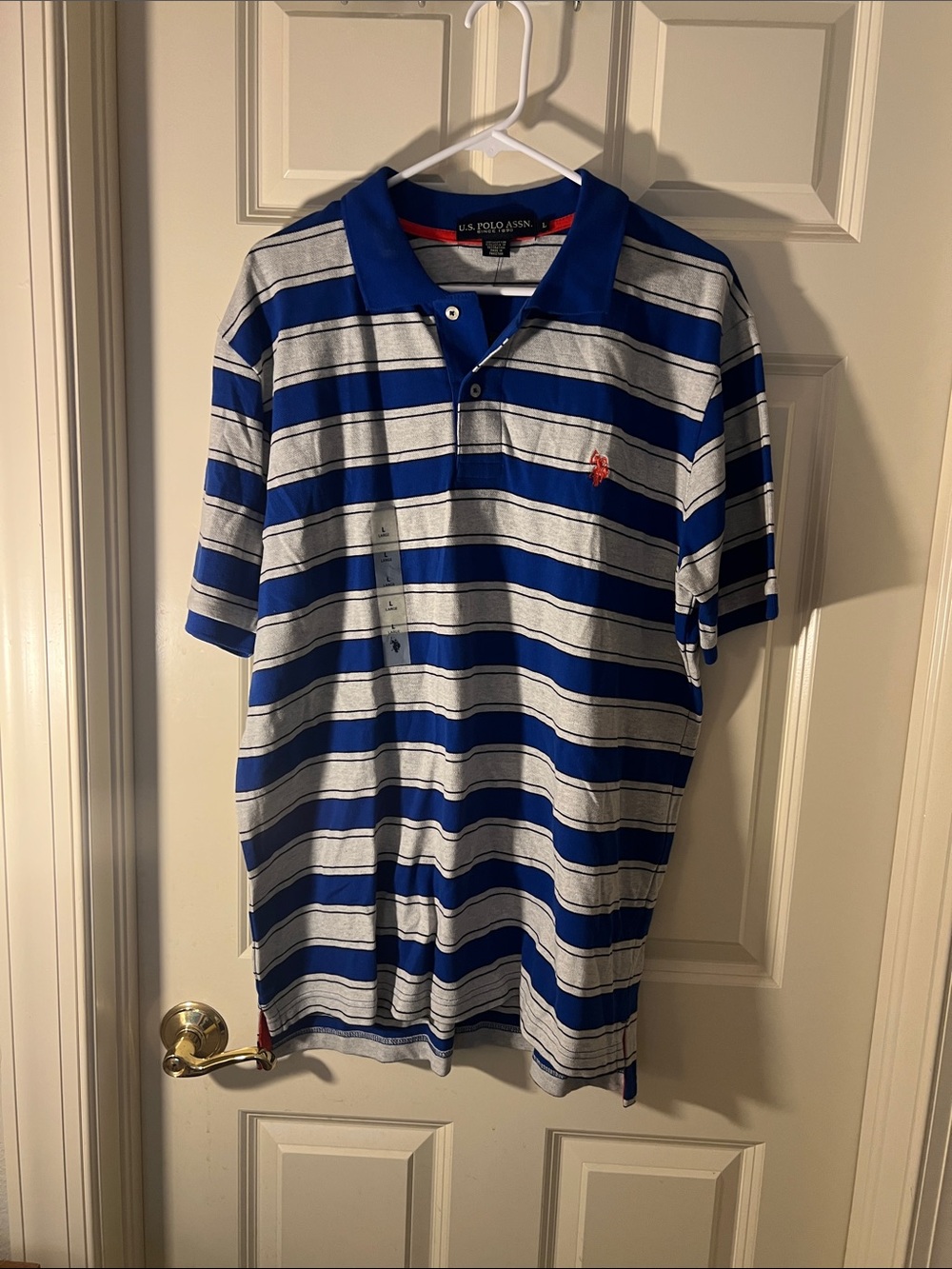 U.S. Polo Assn. Blue and White Striped Polo Shirt with Red Logo